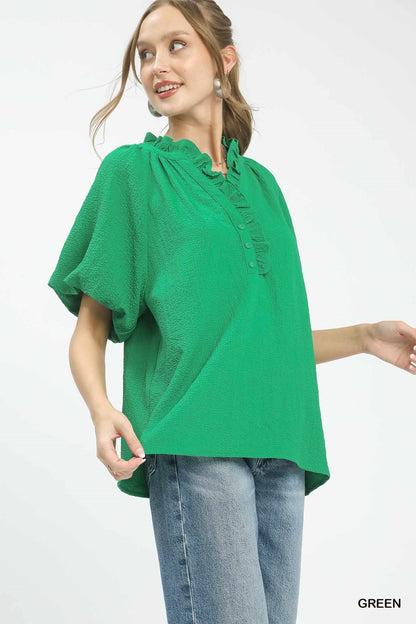 Umgee Puff Sleeve Ruffle Neck Tunic Blouse