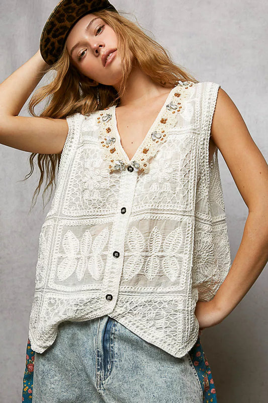 POL Lace Trim Embroidered Floral V-Neck Crochet Vest