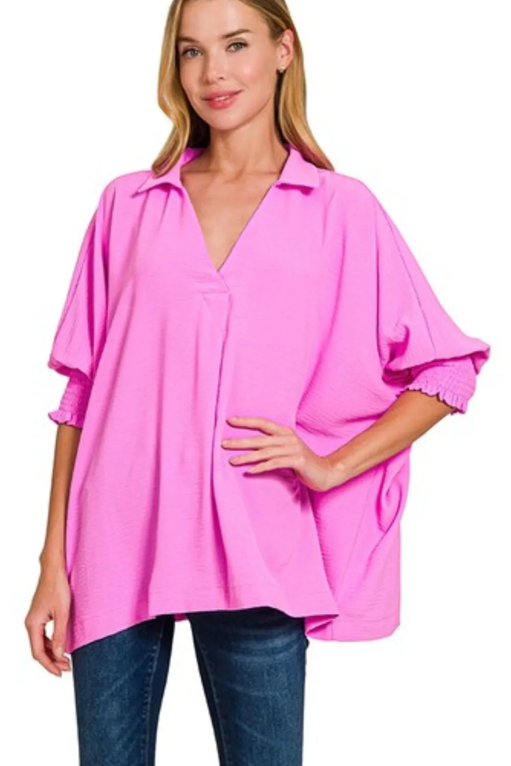 Zenana Airflow Collar Tee with Smocked Sleeve Band Top