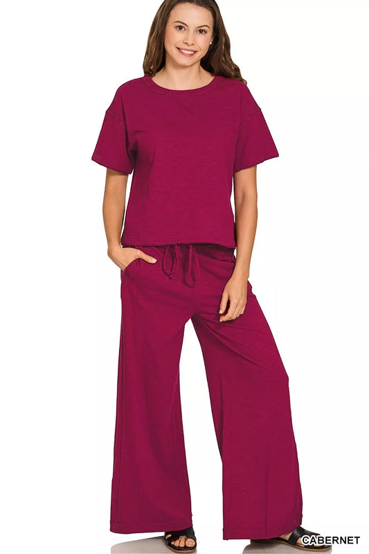 Zenana Cotton Slub Short Sleeve Tee and Pants Set