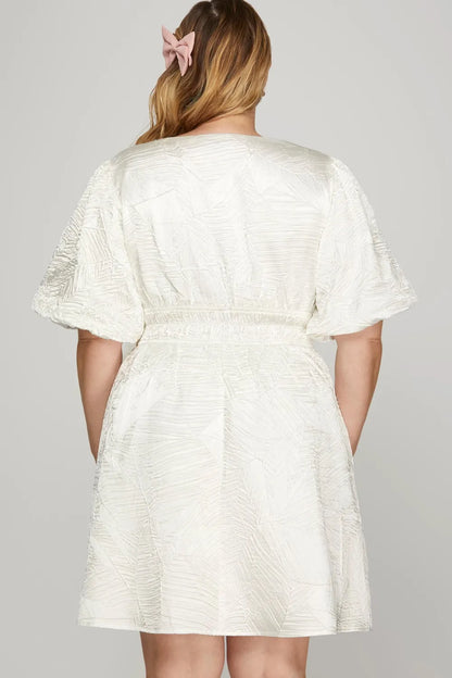 She + Sky Crinkle Woven V-Neck Balloon Sleeve Mini Dress