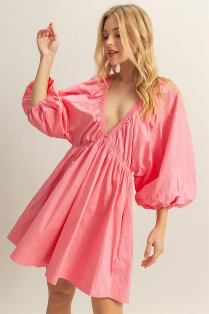 HYFVE Plunge Balloon Sleeve Poplin Mini Dress with Pockets
