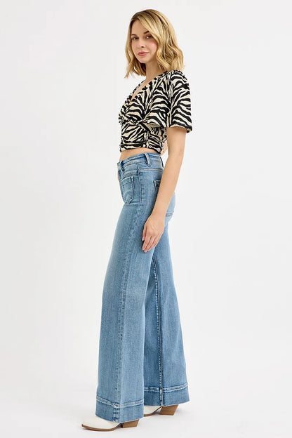 RISEN Full Size High Rise Wide Flare Patch Pocket Jeans Plus Size