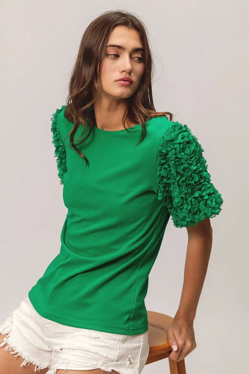 BiBi Short Mesh Flower Sleeve Knit Top