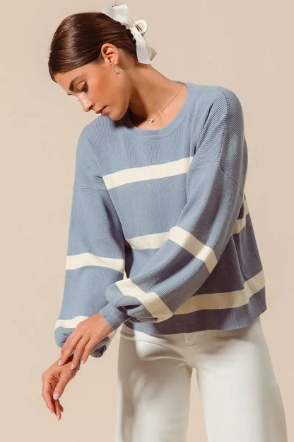 SO ME Ribbed Striped Round Neck Sweater