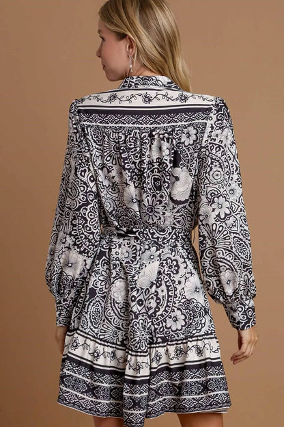 Umgee Full Size Two Tone Floral Border Print Tie Waist Mini Dress Plus Size