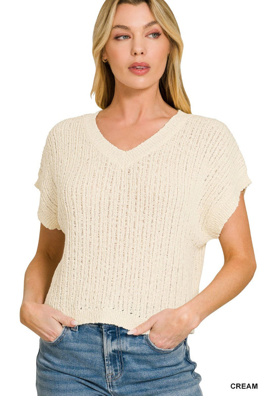 Zenana Textured Knit V-Neck Cropped Sweater