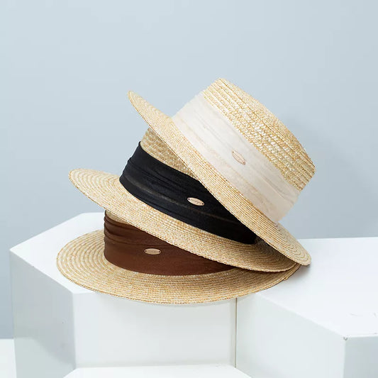 Straw Boater Hat with Ribbon Accent