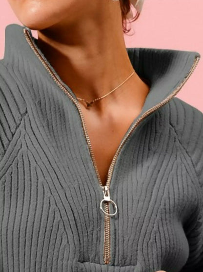 SO ME Half Zip Raglan Balloon Sleeves Ribbed Sweater