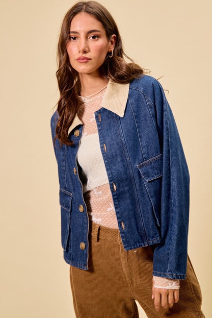 SO ME Zip Up And Buttoned Denim Jacket