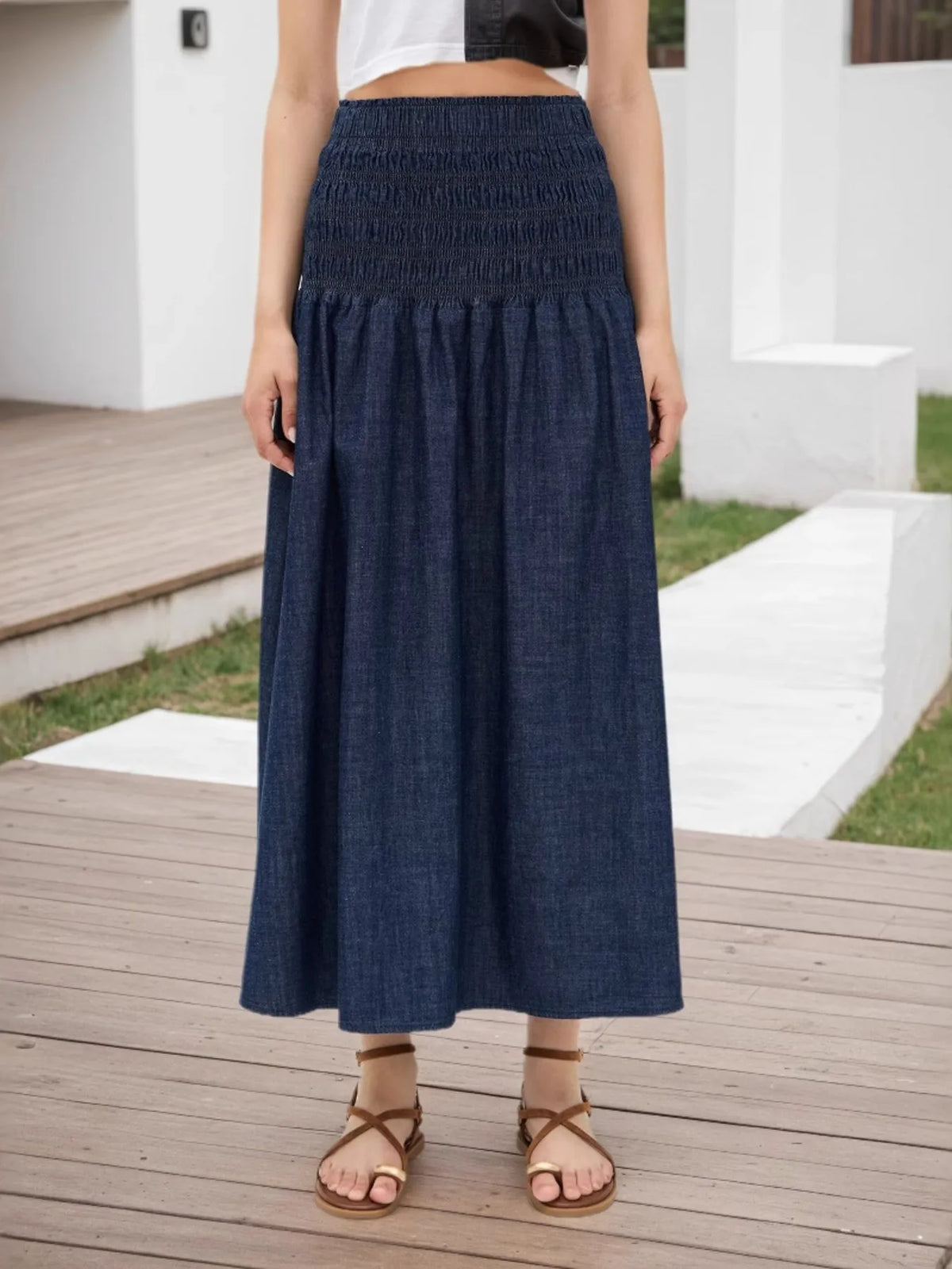 Elastic Waist Midi Skirt