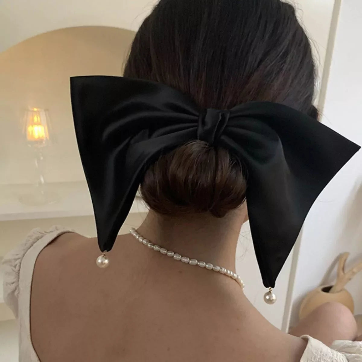 Satin Pearl Bow Hair Clip