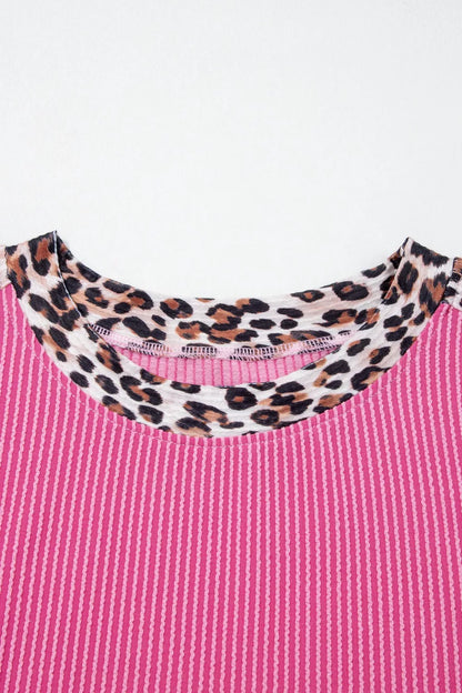 Leopard Trim Twist Ribbed Top and Shorts Set