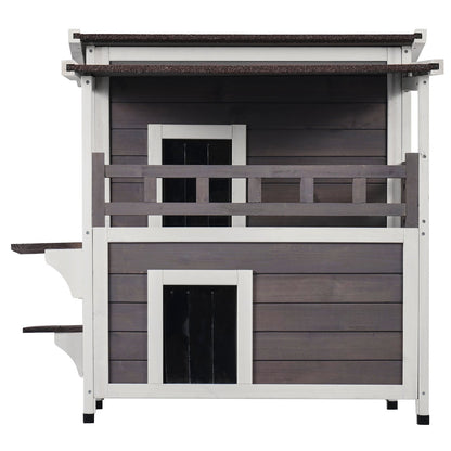 VEVOR Outdoor Cat House 2-story Wooden Feral Cat Shelter With  Balcony & Roof