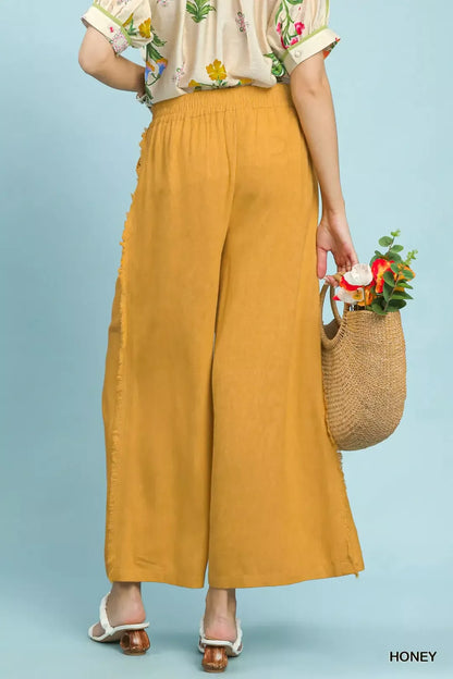 Umgee Linen Frayed Side Pocket Wide Leg Pants