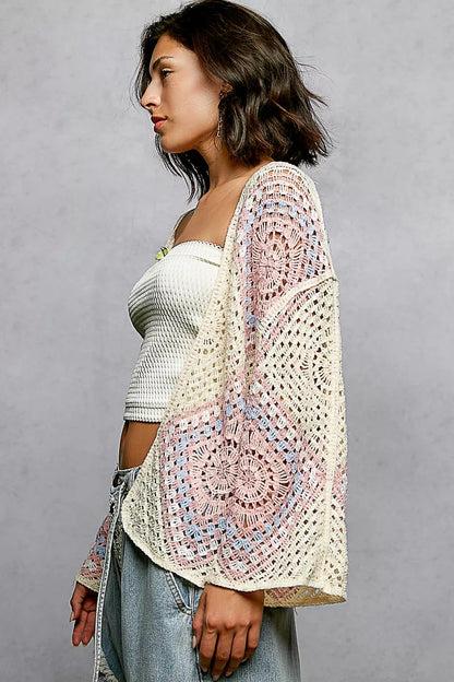 POL Open Front Crochet Cardigan with Granny Square Pattern