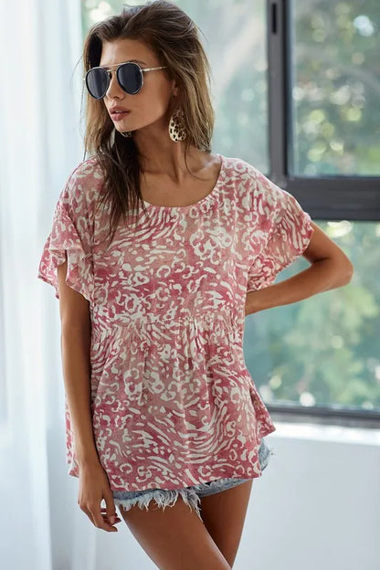 BiBi Leopard Print Gauze Woven Flutter Sleeve Blouse
