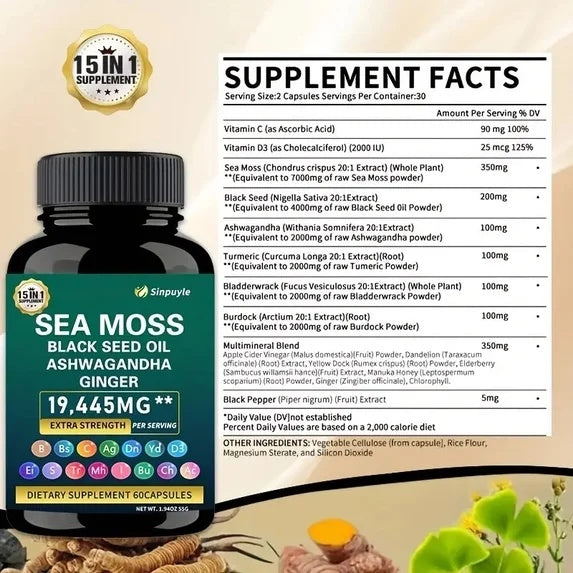 15-in-1 Sea Moss & 8-in-1 Shilajit Ashwagandha Supplement Bundle Energy Mood Support 60 Capsules Each