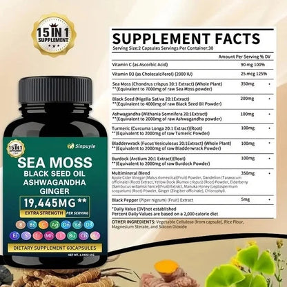 15-in-1 Sea Moss & 8-in-1 Shilajit Ashwagandha Supplement Bundle Energy Mood Support 60 Capsules Each