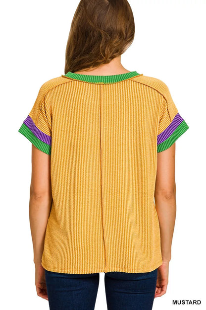 Zenana Mardi Gras Raised Rib Contrast Trim Top