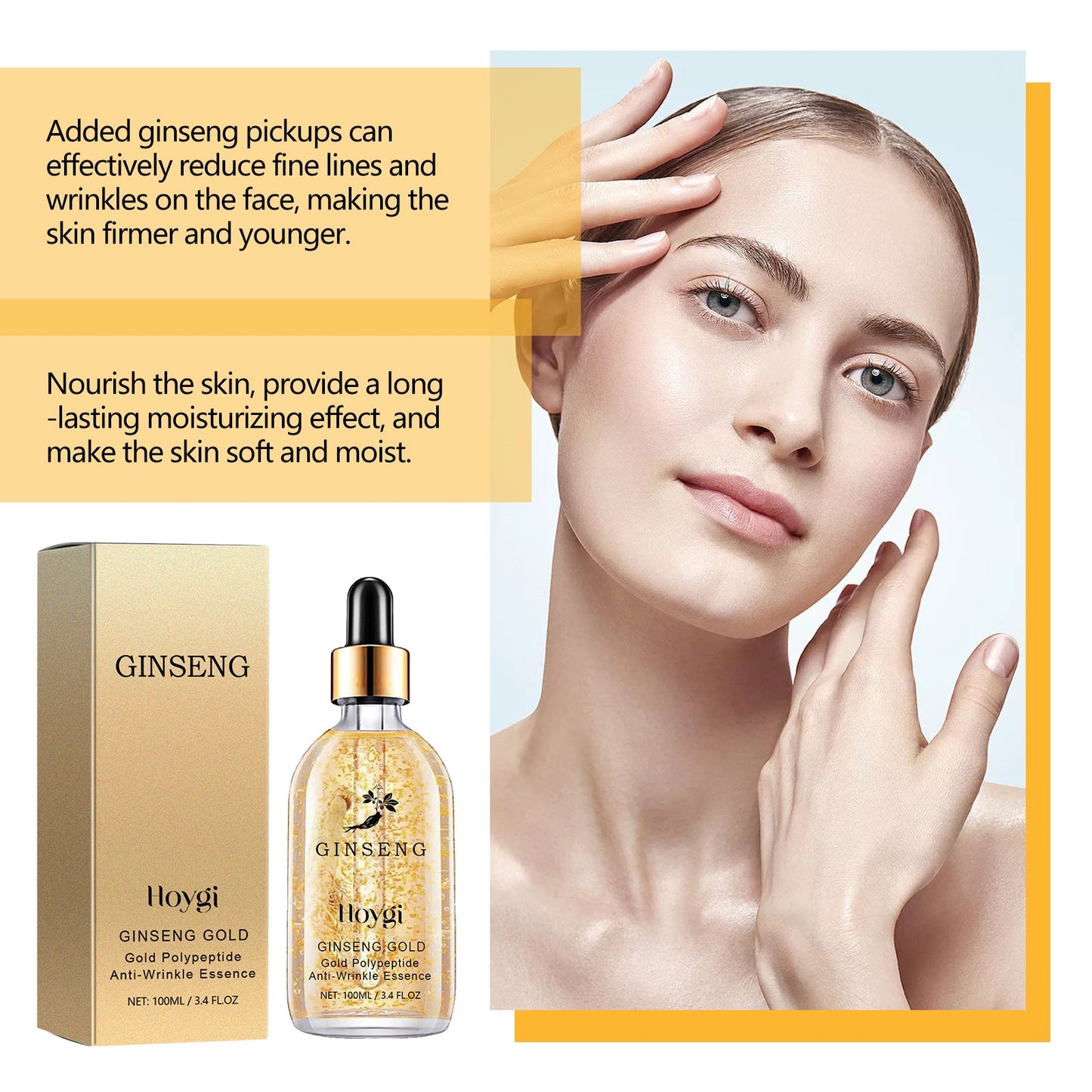 Hoygi Ginseng Gold Polypeptide Anti-Wrinkle Essence, Long-lasting moisturizing and soothing essence for dull wrinkles