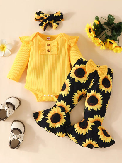 Children's Ruffled Ribbed Top and Sunflower Pants Set