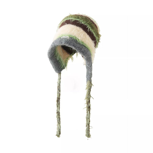 Striped Fuzzy Knit Hat with Ear Flaps
