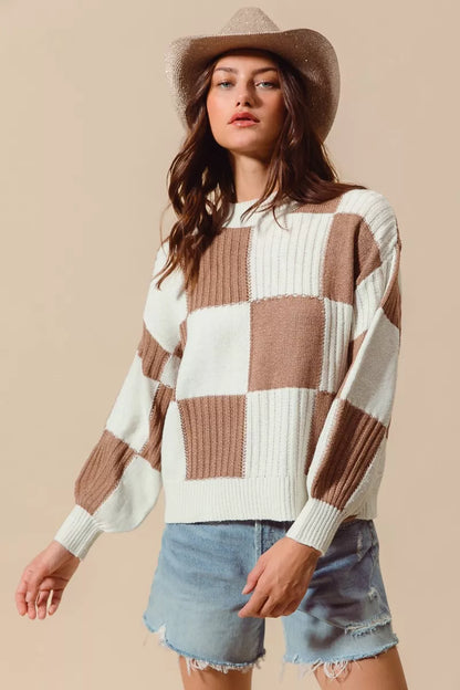 SO ME Ribbed Color Block Checkered Plaid Sweater
