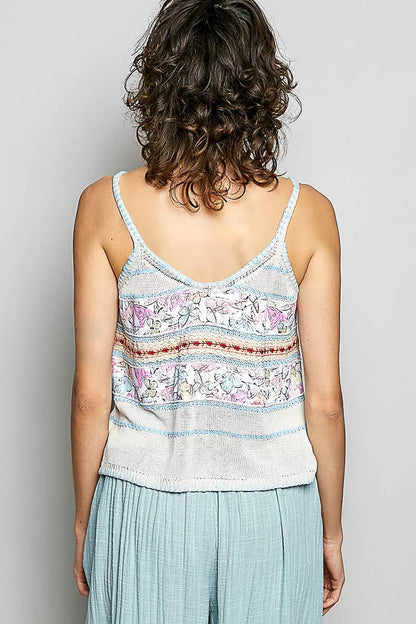 POL Printed Contrast Button Down Cami with Trim Detail and Blanket Stitch