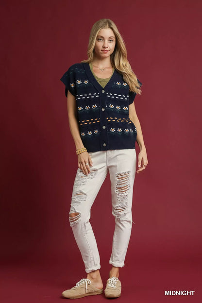 Umgee Button-Down Knit Vest with Floral Pattern
