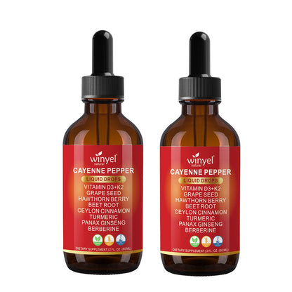 WINYEL Cayenne Pepper Drops Herbal Supplement, Hawthorn Berry, Vitamin D3 K2, Beet Root, Ceylon Cinnamon, Turmeric & Berberine Extract, 60ML