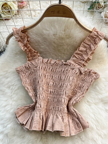 Smocked Crop Top and Hollow-Out Skirt Set