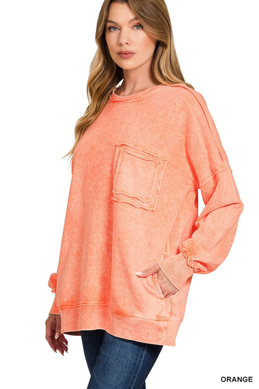Zenana Halo Washed French Terry Exposed-seam Sweatshirt