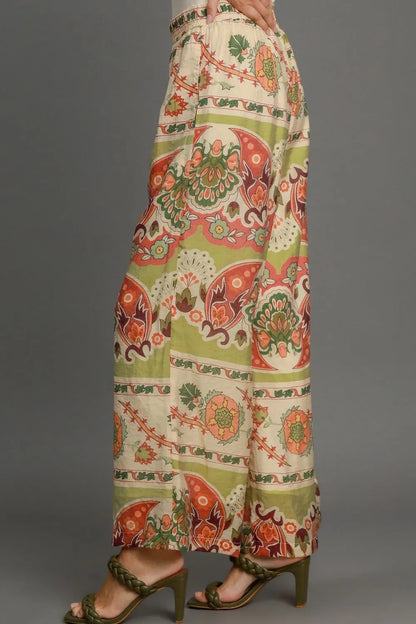 Umgee Full Size Wide Leg Border Print Pants Plus Size