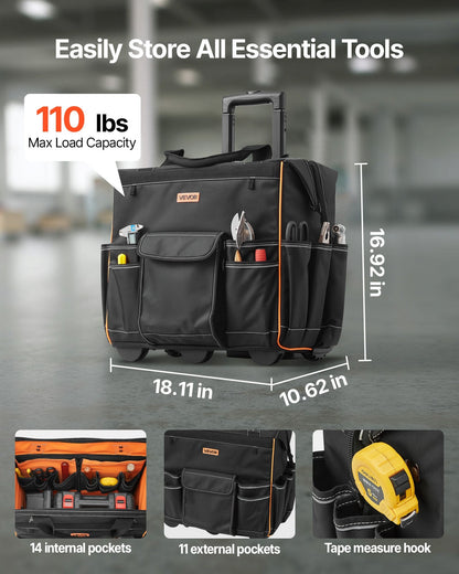 Rolling Tool Bag, 110 Lbs Load Capacity, 25 Pockets Heavy Duty Roller Tool Bag With Adjustable Telescoping Handle & Stable Base, Toolbag Organizers With Wheels For Electrician, Construction