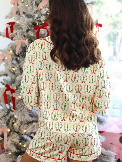 Nutcracker Print Long Sleeve Top and Shorts Lounge Set
