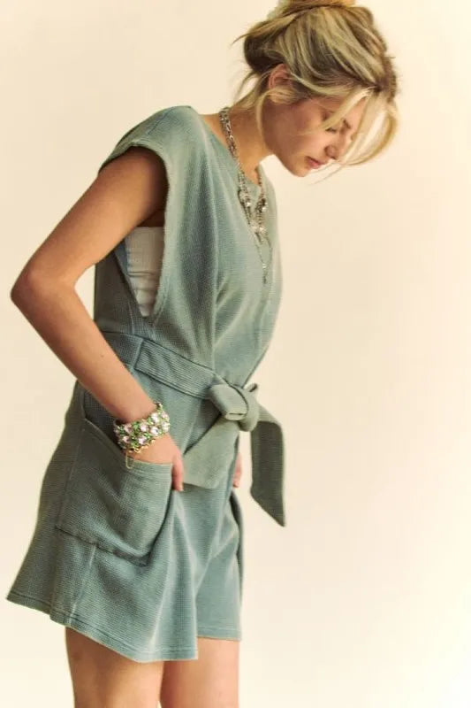 Davi & Dani Acid-Washed Waffle Knit Cuffed Sleeves Romper