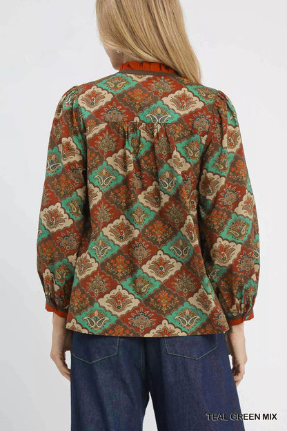 Umgee Abstract Print Ruffle Neck Top