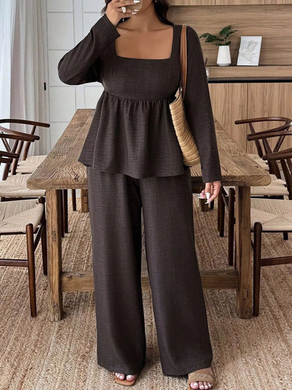 Plus Size Square Neck Long Sleeve Top and Pants Two-Piece Set