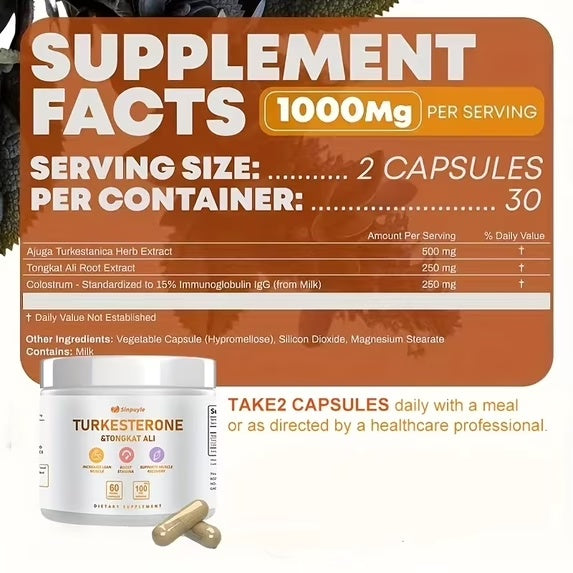 Turkesterone & Tongkat Ali Supplement , 60 Vegan Capsules, Lean Muscle Growth, Stamina Boost & Muscle Recovery