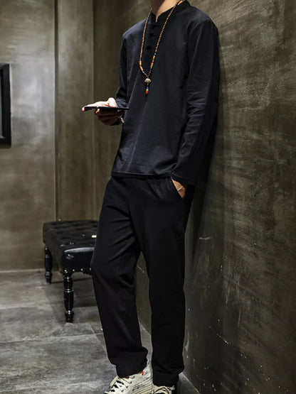 Men's Plus Size Button Detail Long Sleeve Top and Pants Set