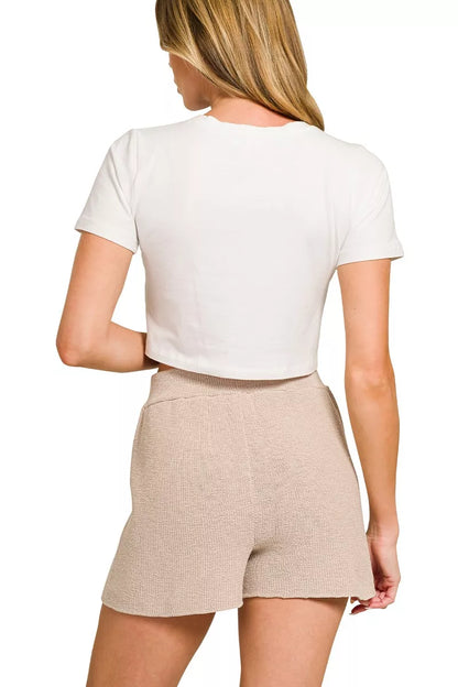 Zenana Round Neck Knit Top and Shorts Sweater Set
