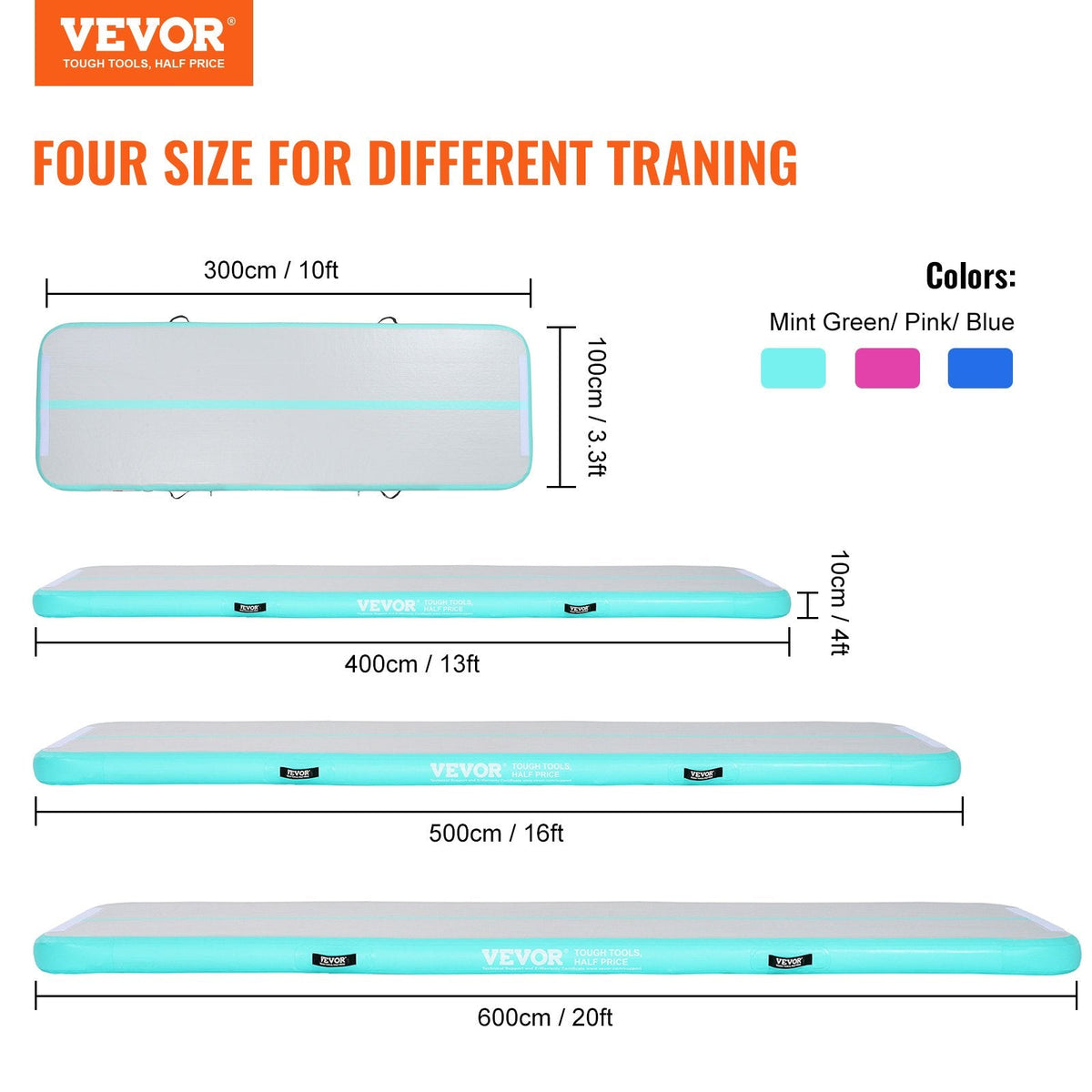 Gymnastics Air Mat, 4 Inch Thickness Inflatable Gymnastics Tumbling Mat, Tumble Track With Electric Pump, Training Mats For Home Use/Gym/Yoga/Cheerleading/Beach/Park/Water, 10 Ft, Mint Green