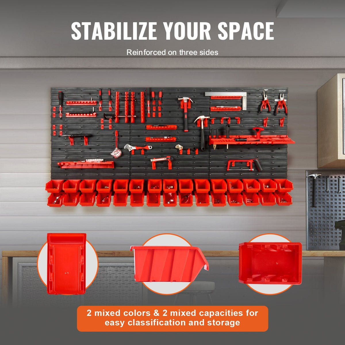 VEVOR Wall Mounted Storage Bins, 30-Bin Parts Rack Organizer Garage Plastic Shop Tool With Wall Panels Tool Holders Hooks, Tool Organizer For Nuts, Bolts, Screws, Nails, Beads, Buttons, Black And Red