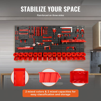 VEVOR Wall Mounted Storage Bins, 30-Bin Parts Rack Organizer Garage Plastic Shop Tool With Wall Panels Tool Holders Hooks, Tool Organizer For Nuts, Bolts, Screws, Nails, Beads, Buttons, Black And Red