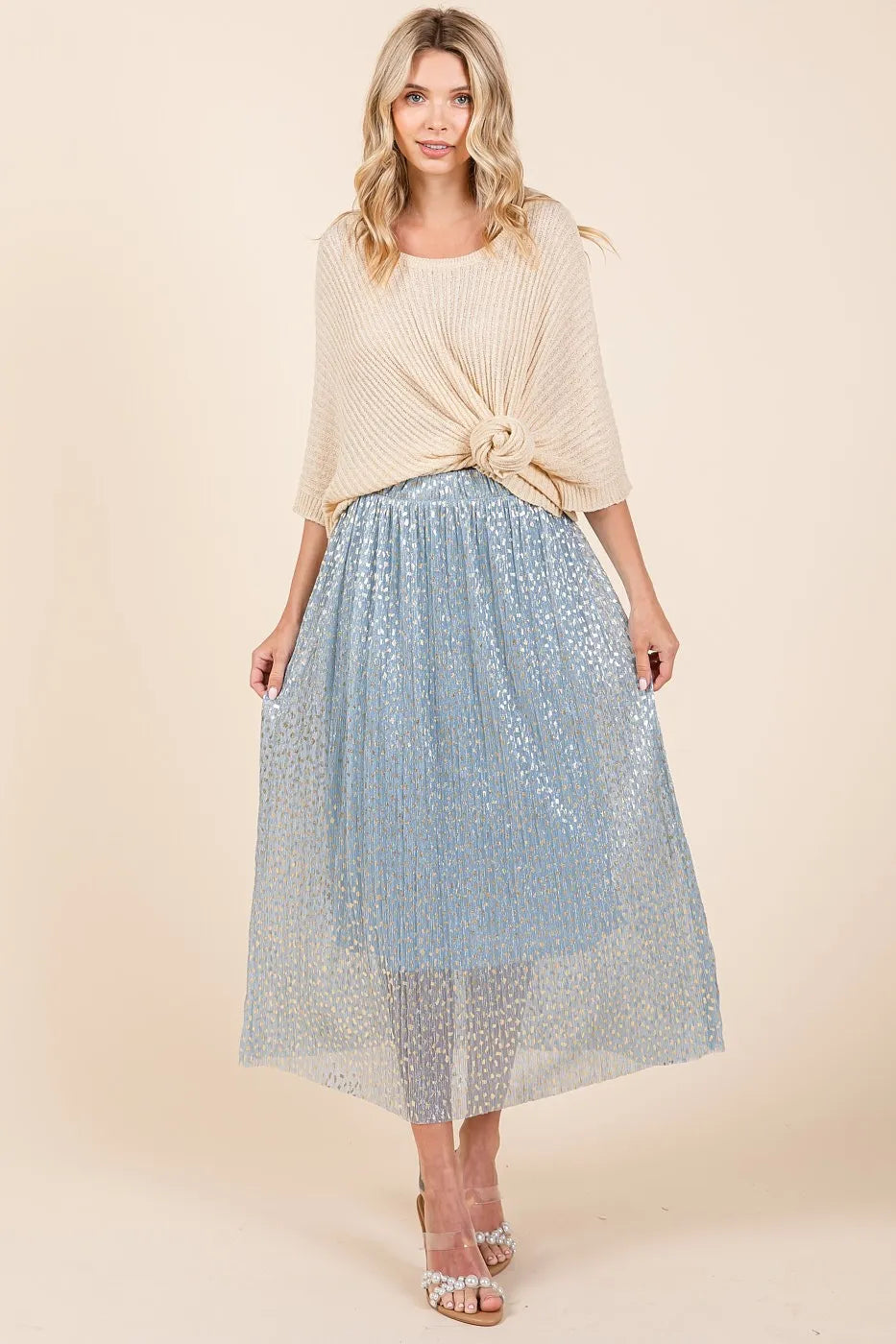 Mittoshop Metallic Glitter Speckle Print Elastic Midi Skirt