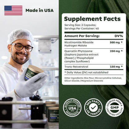 Liposomal Nicotinamide Riboside 900mg Resveratrol & Quercetin – NAD Supplement Plus for Anti Aging, Cellular Energy & Improve Health- 80 Capsules