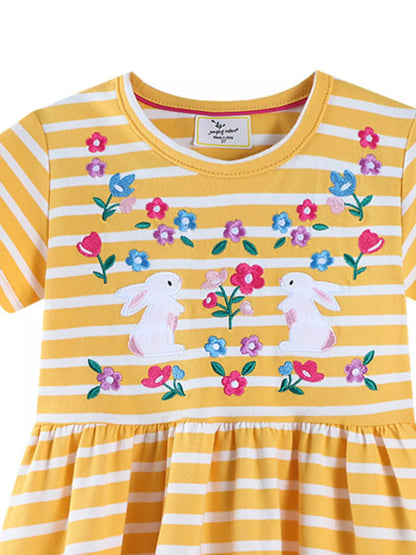 Children's Striped Bunny Embroidered Round Neck Dress