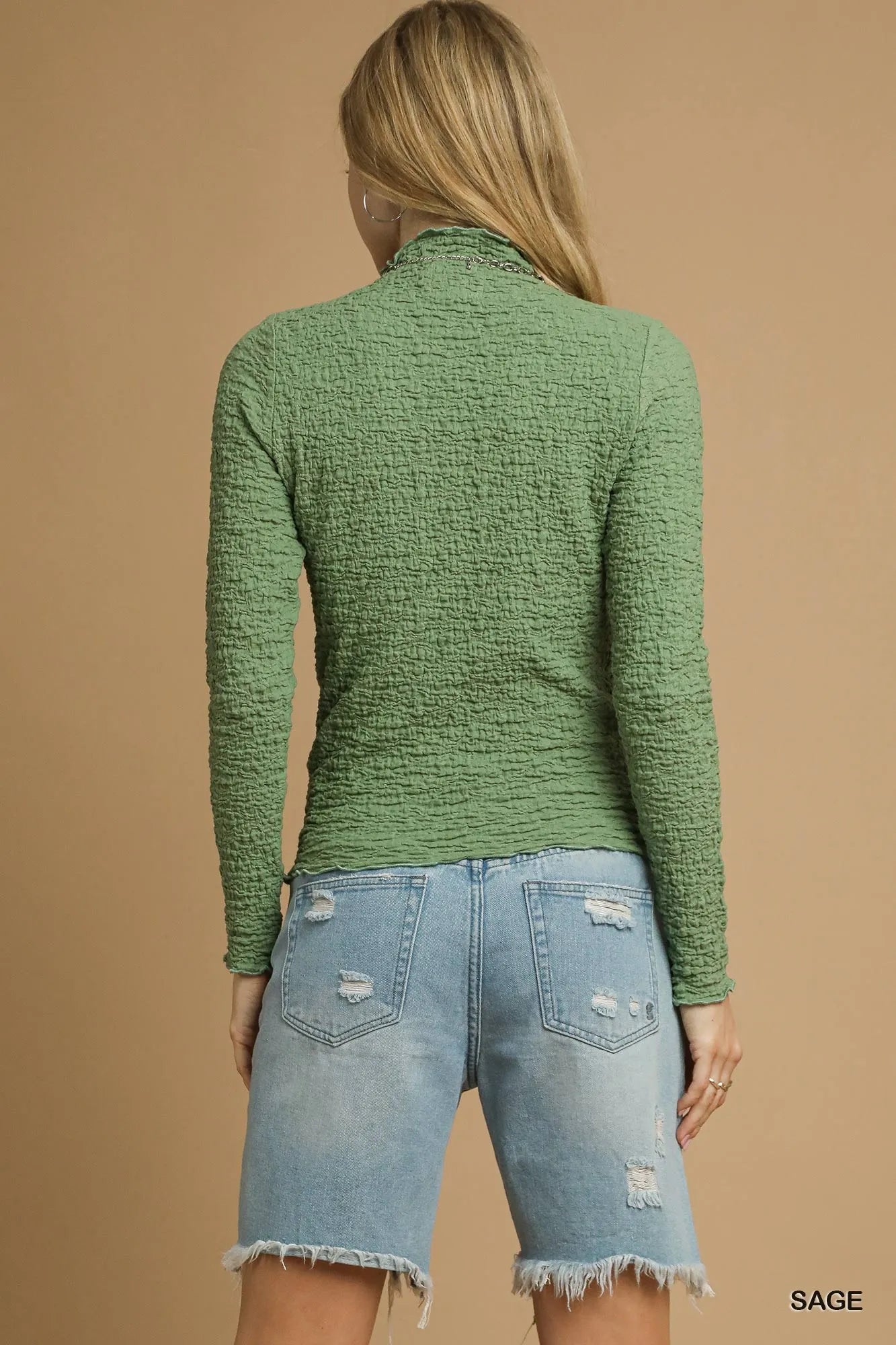 Umgee Textured Crinkle Knit Long Sleeve Top