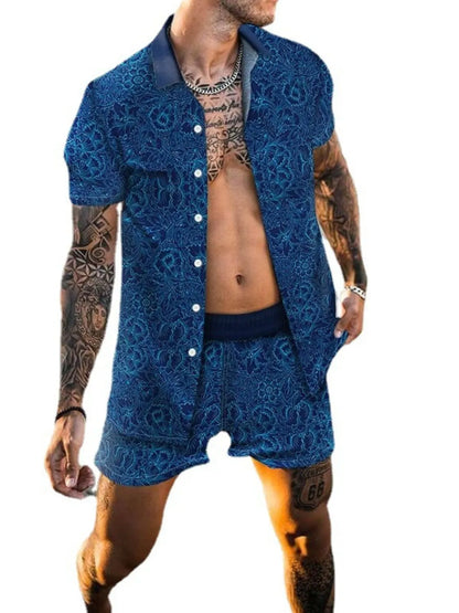 Men's Full Size Printed Collared Neck Short Sleeve Top and Shorts Set Plus Size